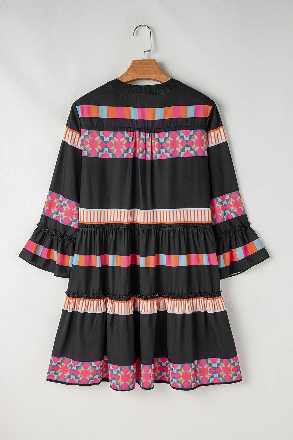 Ethnic Print Buttoned V Neck Bell Sleeve Ruffle Patchwork Dress