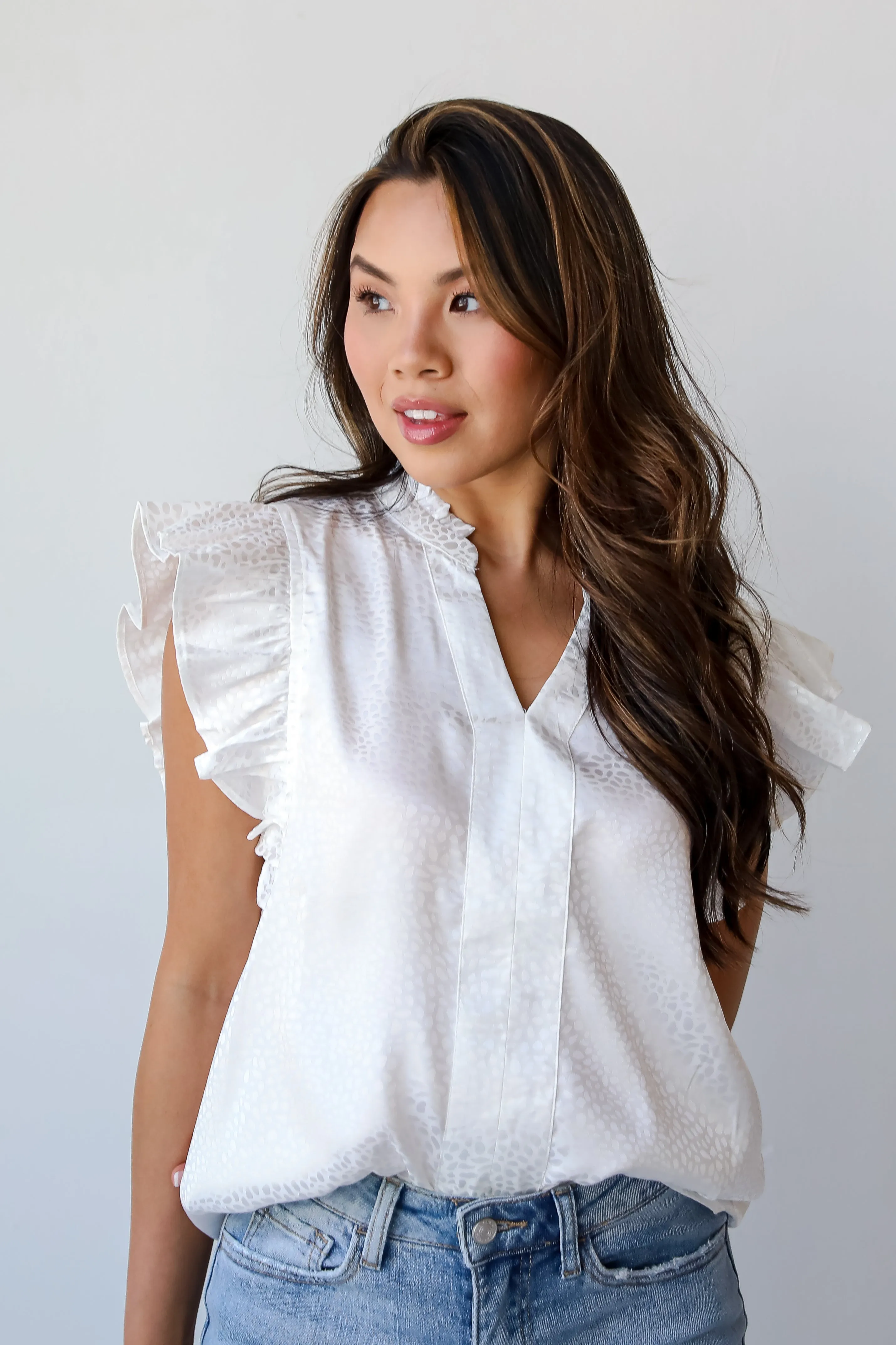 FINAL SALE - Summery Aura Ivory Satin Ruffle Blouse