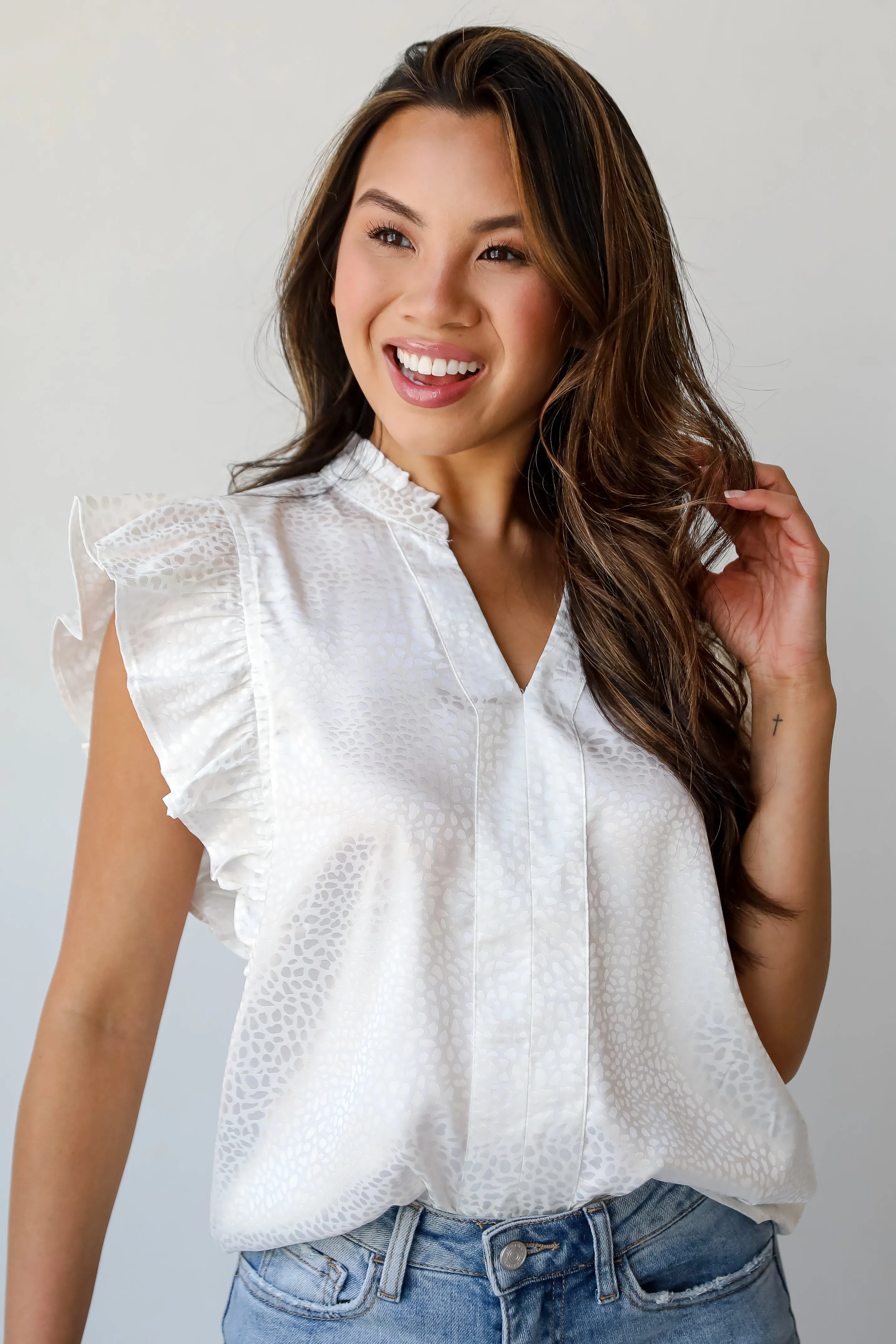 FINAL SALE - Summery Aura Ivory Satin Ruffle Blouse