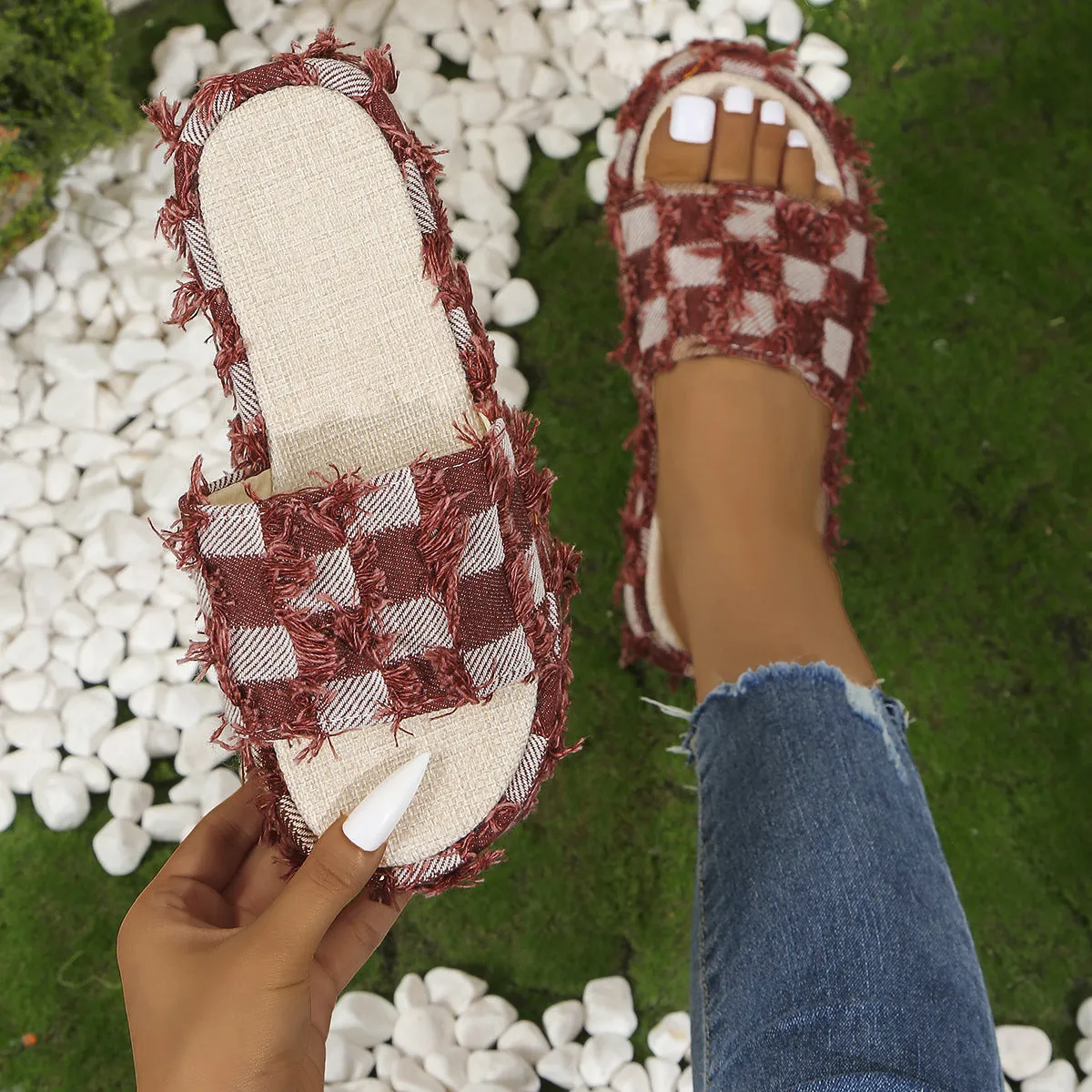 Frayed Denim Platform Sandals Distressed Checker Fringe Slip-on Boho Open-toe Grunge