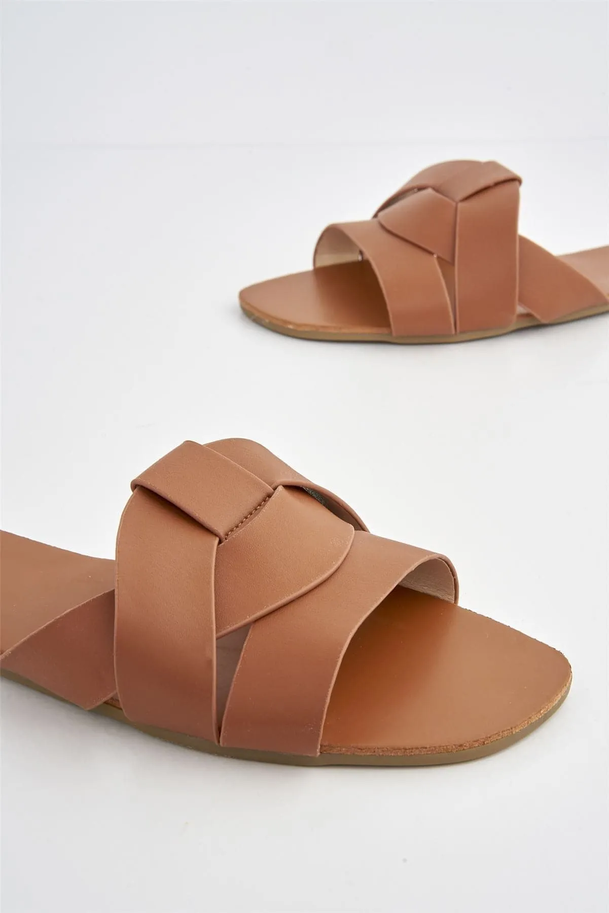 Genesis Flat Faux Leather Sandal in Tan