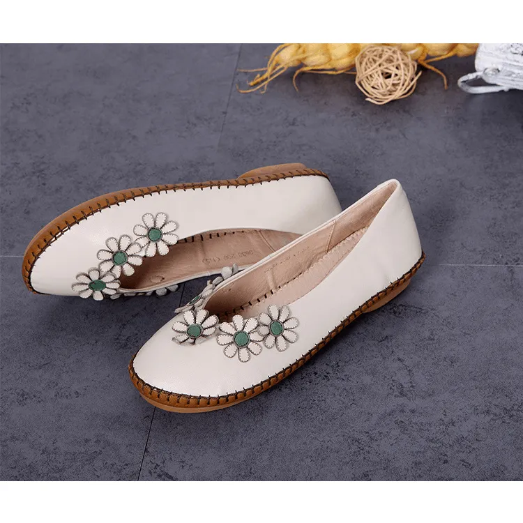 Handmade Leather Flat Loafer Shoes with Flowers for Women