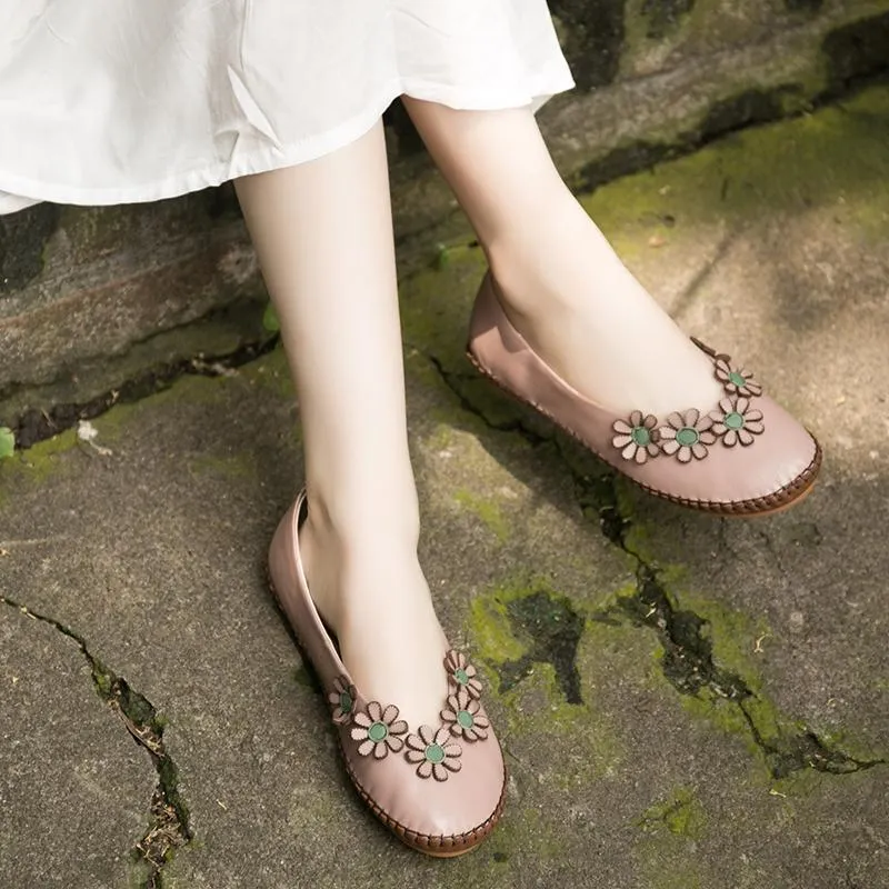 Handmade Leather Flat Loafer Shoes with Flowers for Women