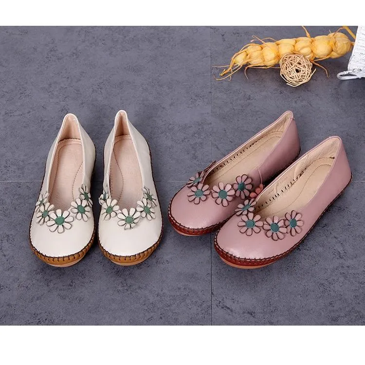 Handmade Leather Flat Loafer Shoes with Flowers for Women