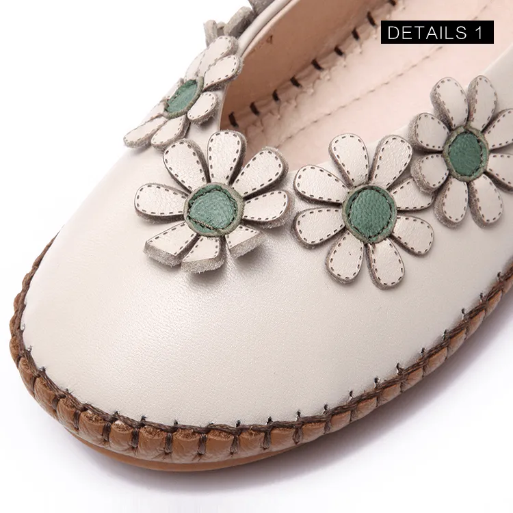 Handmade Leather Flat Loafer Shoes with Flowers for Women