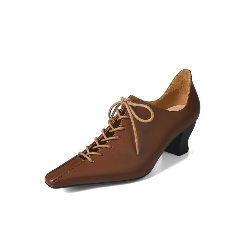 Handmade Leather Lace-Up Casual Shoes Retro Block Oxfords in Brown/Black/Beige