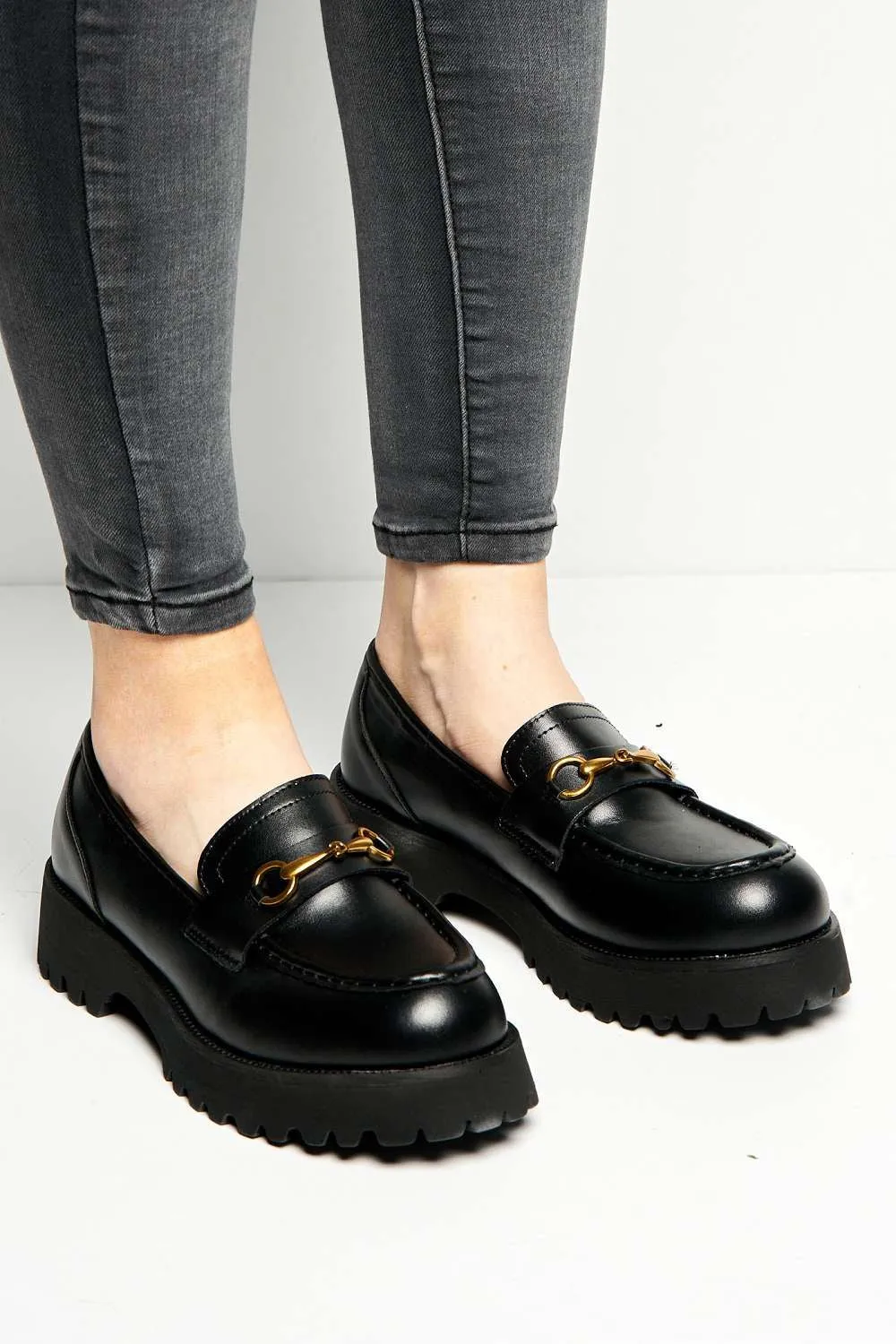 Helen Link Detail Chunky Loafers in Black Matt