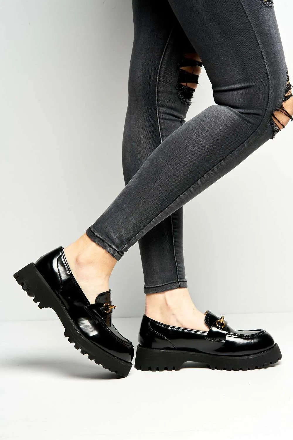 Helen Link Detail Chunky Loafers in Black Patent