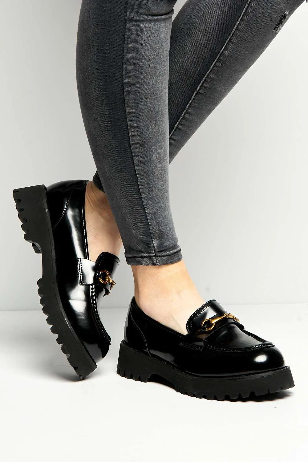 Helen Link Detail Chunky Loafers in Black Patent