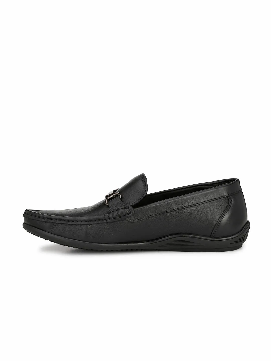 Hitz Men's Black Leather Comfort Slip-On Shoes