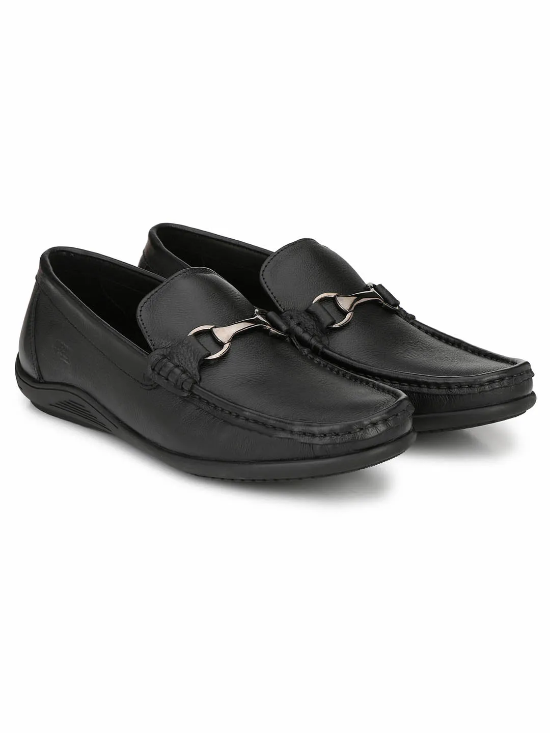 Hitz Men's Black Leather Comfort Slip-On Shoes