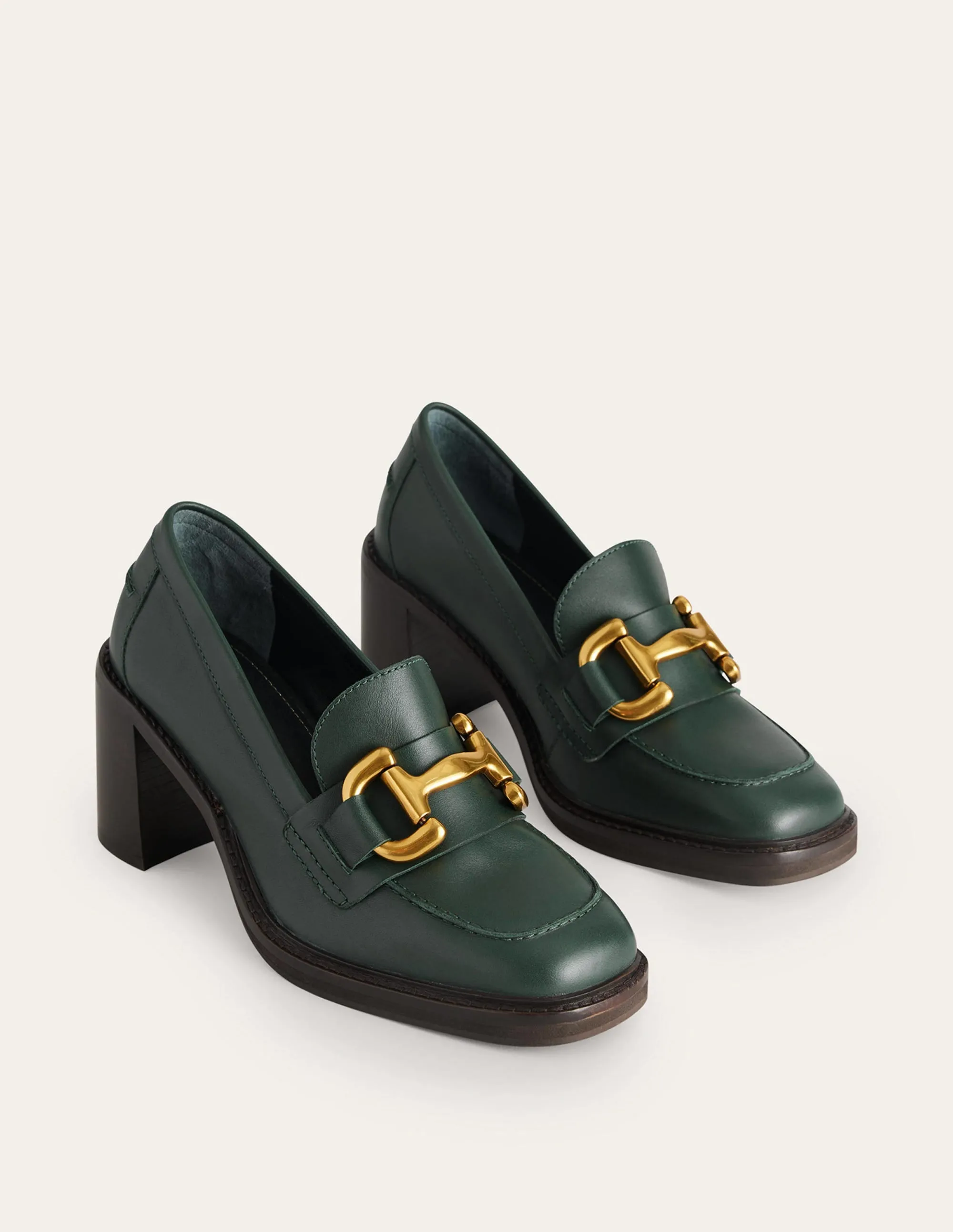 Iris Snaffle Heeled Loafers-Dark Green Leather