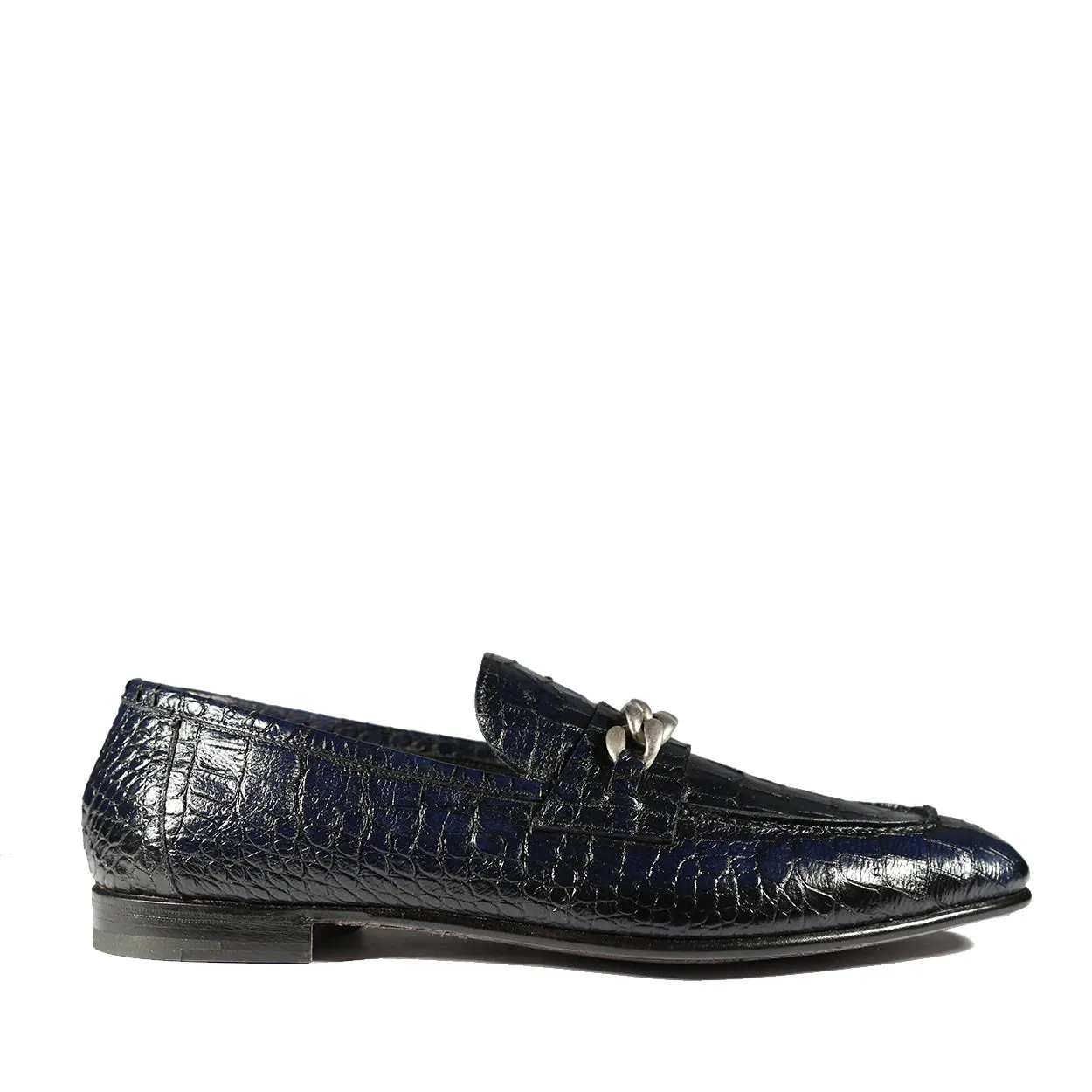 Jo Ghost 2955 Men's Shoes Navy Crocodile Print Leather Chain Loafers (JG5312)