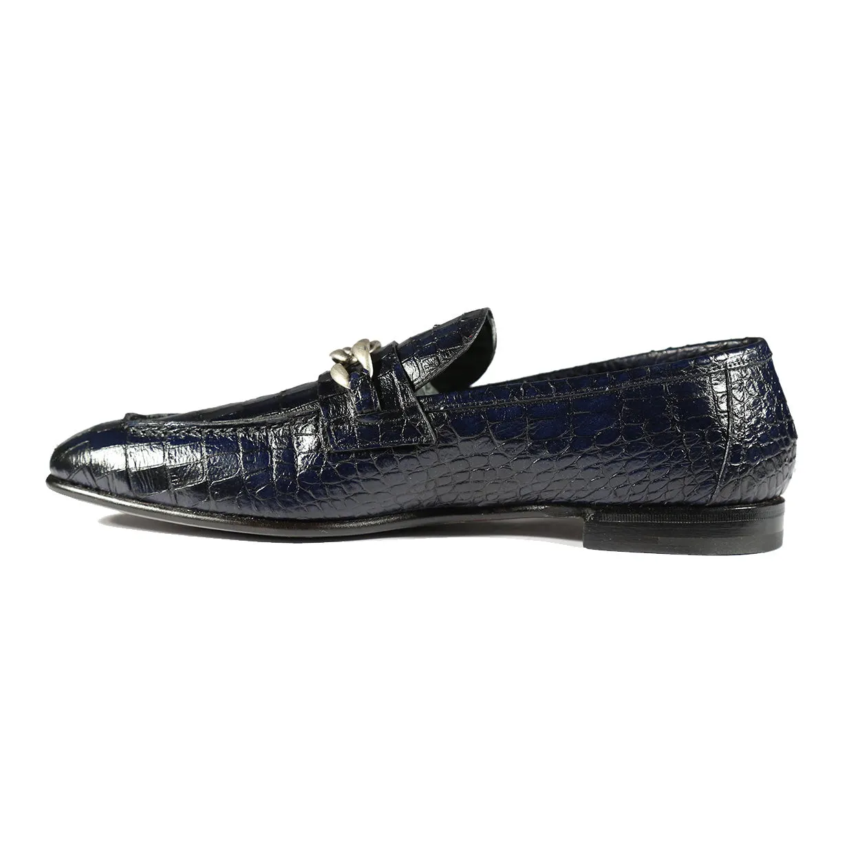 Jo Ghost 2955 Men's Shoes Navy Crocodile Print Leather Chain Loafers (JG5312)