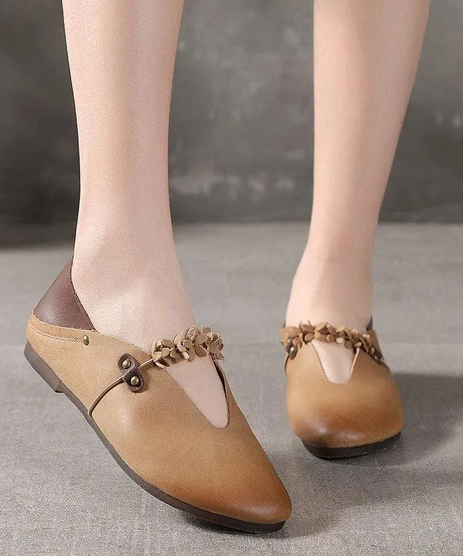 Khaki Flat Feet Shoes Cowhide Leather Boho Splicing Flat Shoes For Women