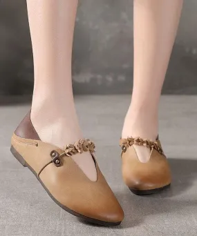 Khaki Flat Feet Shoes Cowhide Leather Boho Splicing Flat Shoes For Women