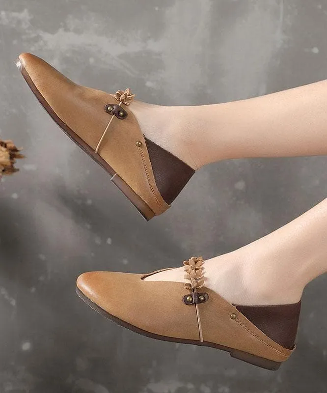 Khaki Flat Feet Shoes Cowhide Leather Boho Splicing Flat Shoes For Women