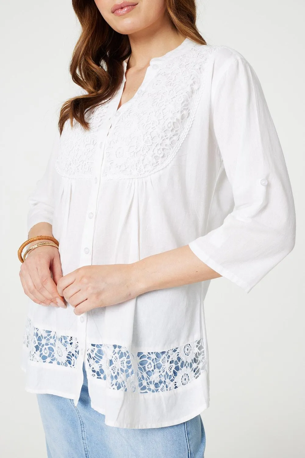 Lace Detail Collarless Button Down Shirt