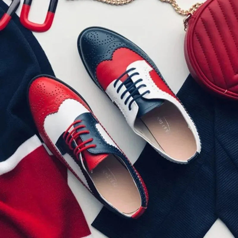 Ladies Genuine Leather Oxford Shoes in Red, White & Blue