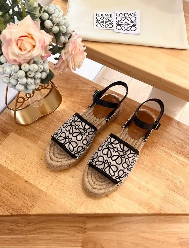 Loew Anagram Black White Beige Leather And Canvas Espadrille Sandals