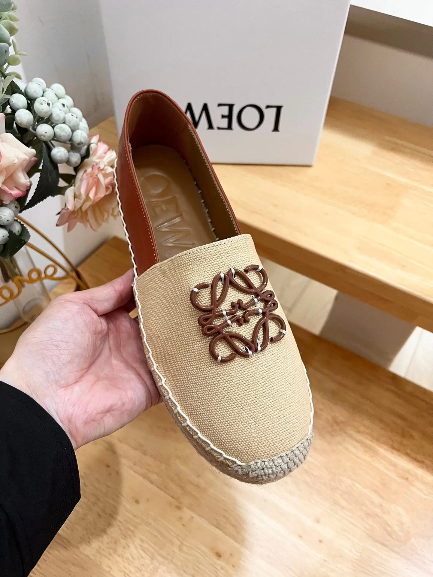 Loew Anagram Espadrille Beige Brown Leather and Canvas