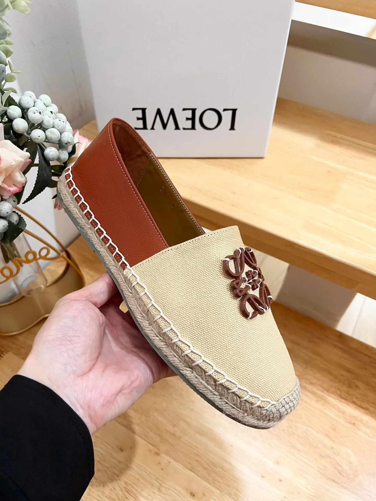 Loew Anagram Espadrille Beige Brown Leather and Canvas