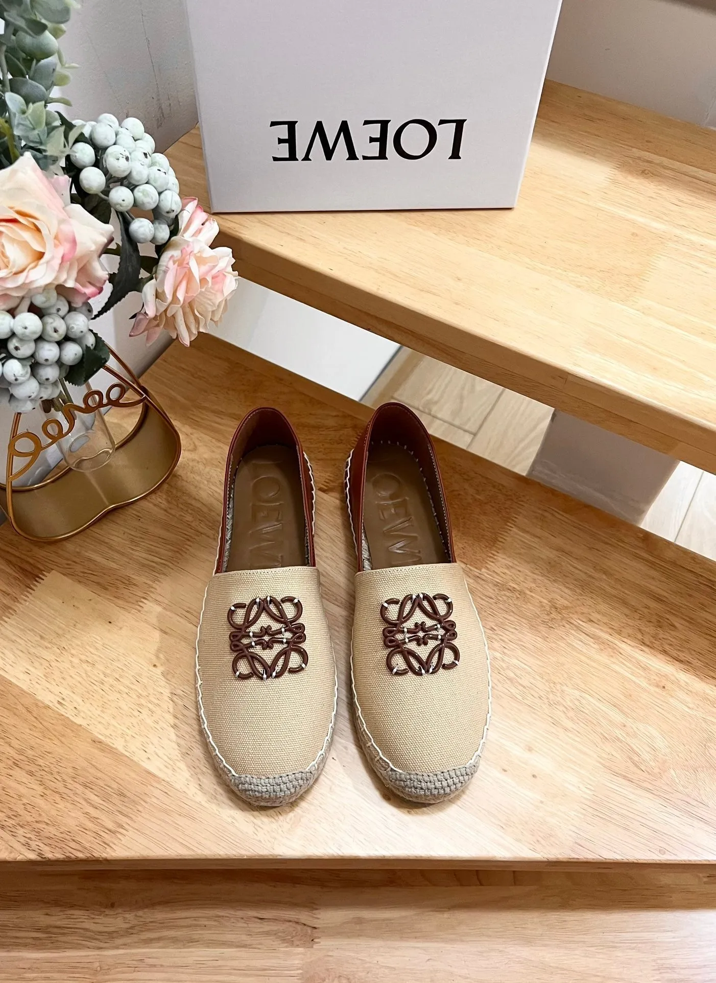 Loew Anagram Espadrille Beige Brown Leather and Canvas