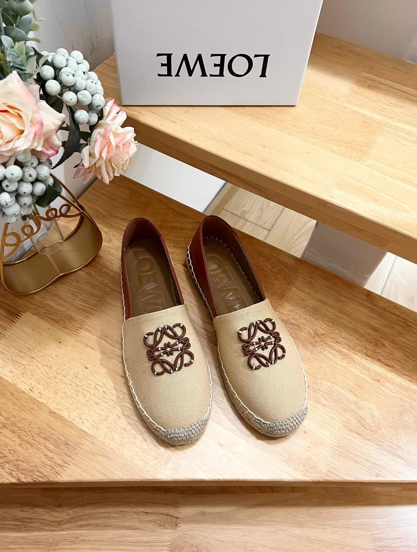 Loew Anagram Espadrille Beige Brown Leather and Canvas