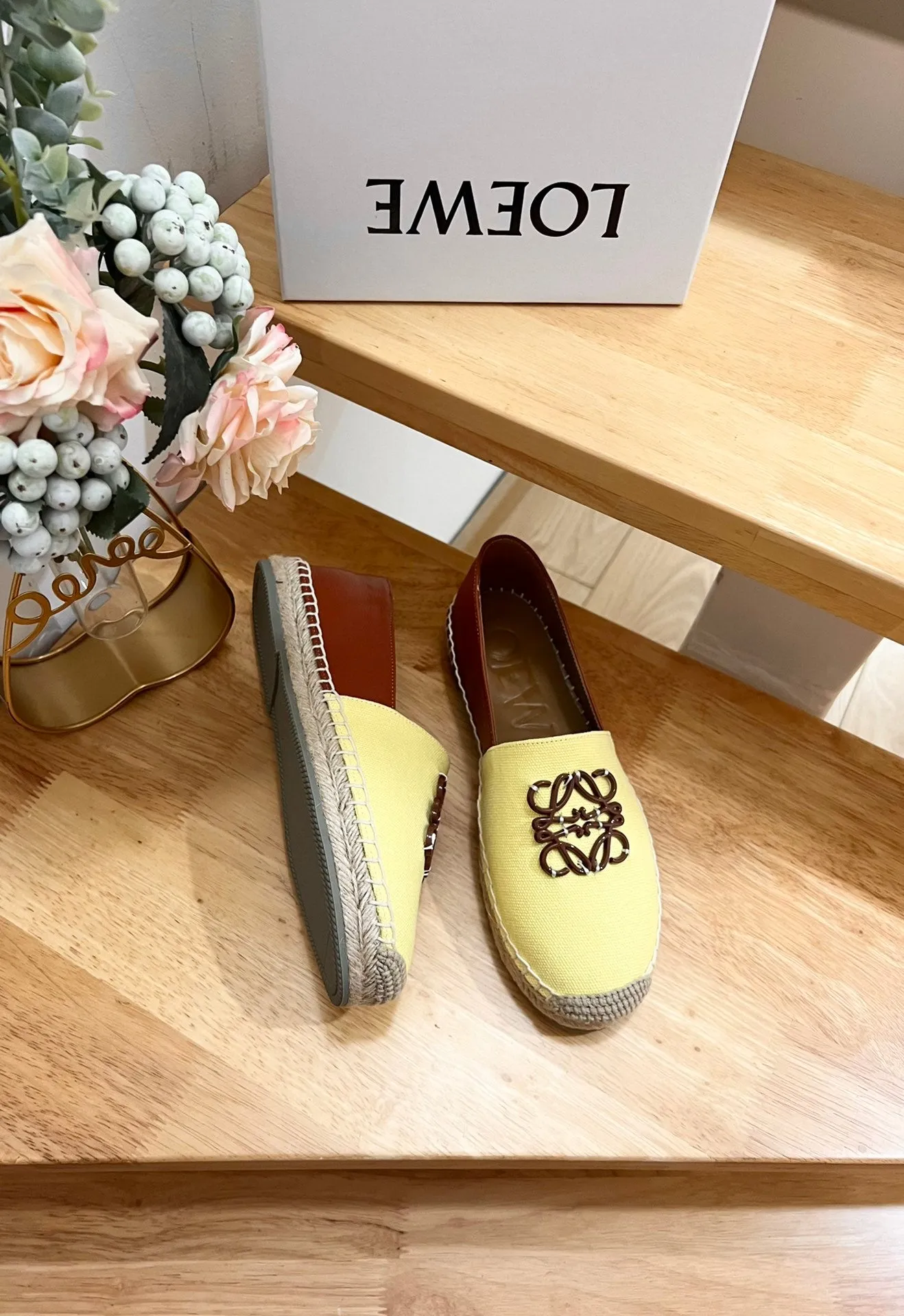 Loew Anagram Espadrille Yellow Brown Leather and Canvas