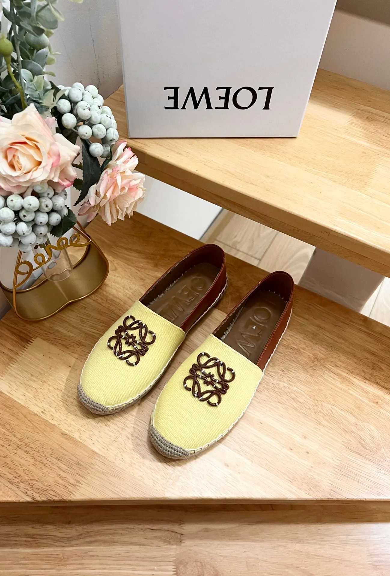 Loew Anagram Espadrille Yellow Brown Leather and Canvas