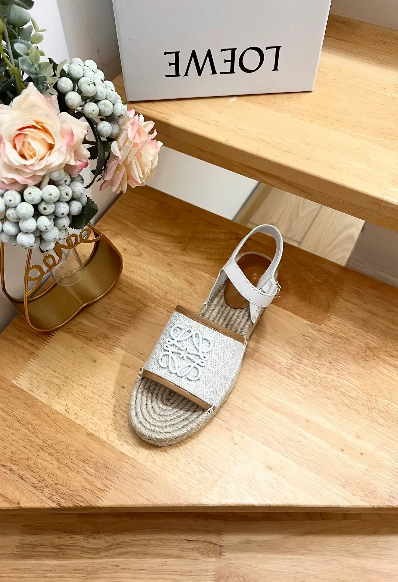 Loew Anagram White logo White Brown Leather And Canvas Espadrille Sandals