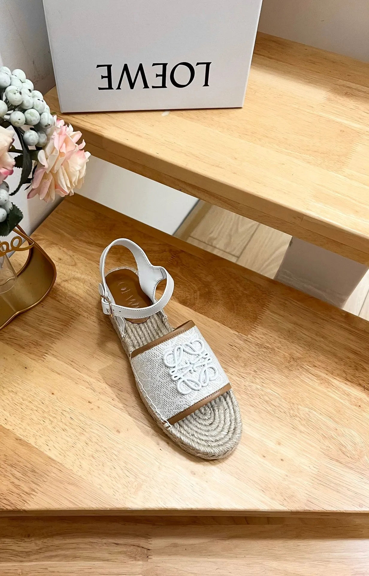 Loew Anagram White logo White Brown Leather And Canvas Espadrille Sandals