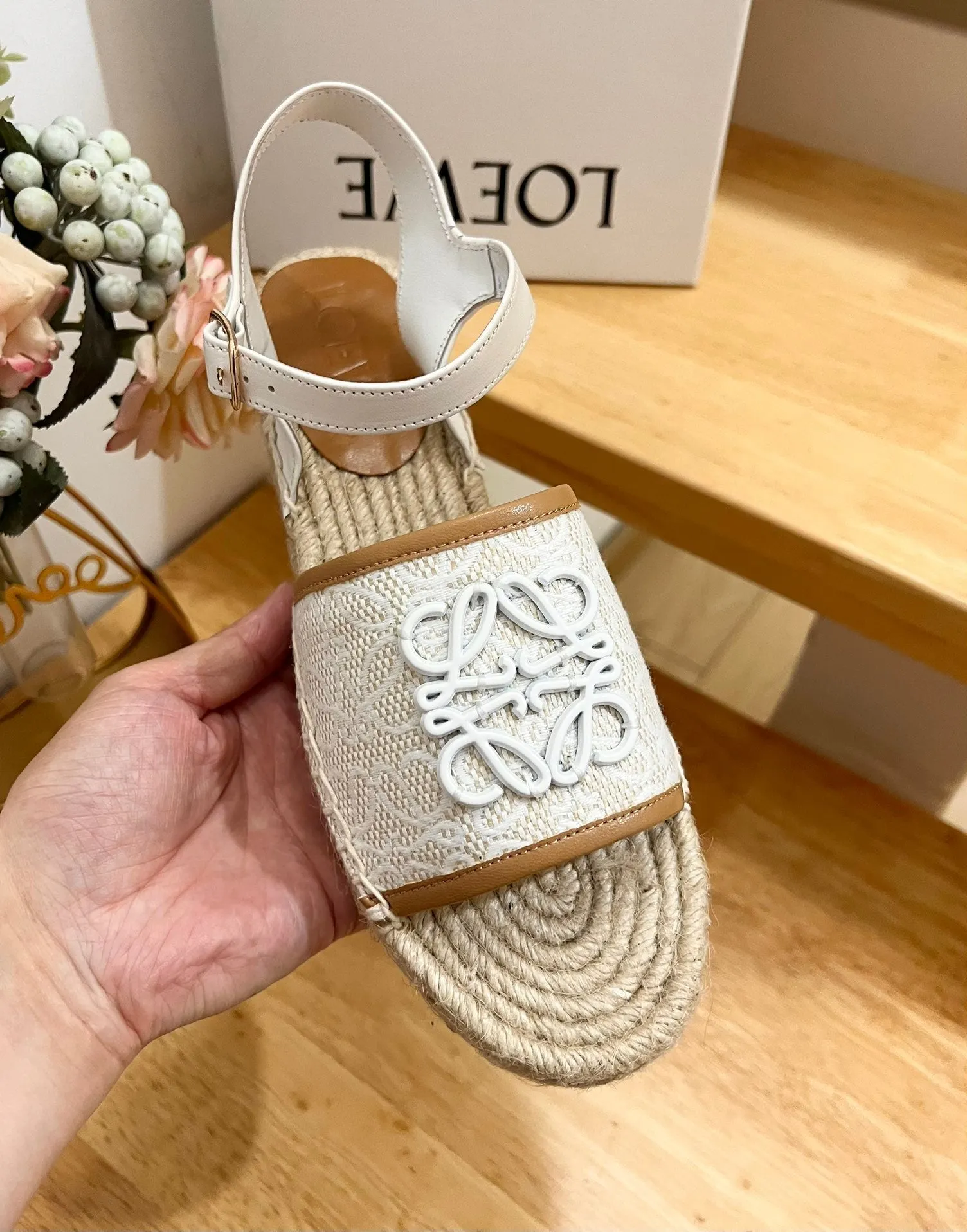 Loew Anagram White logo White Brown Leather And Canvas Espadrille Sandals