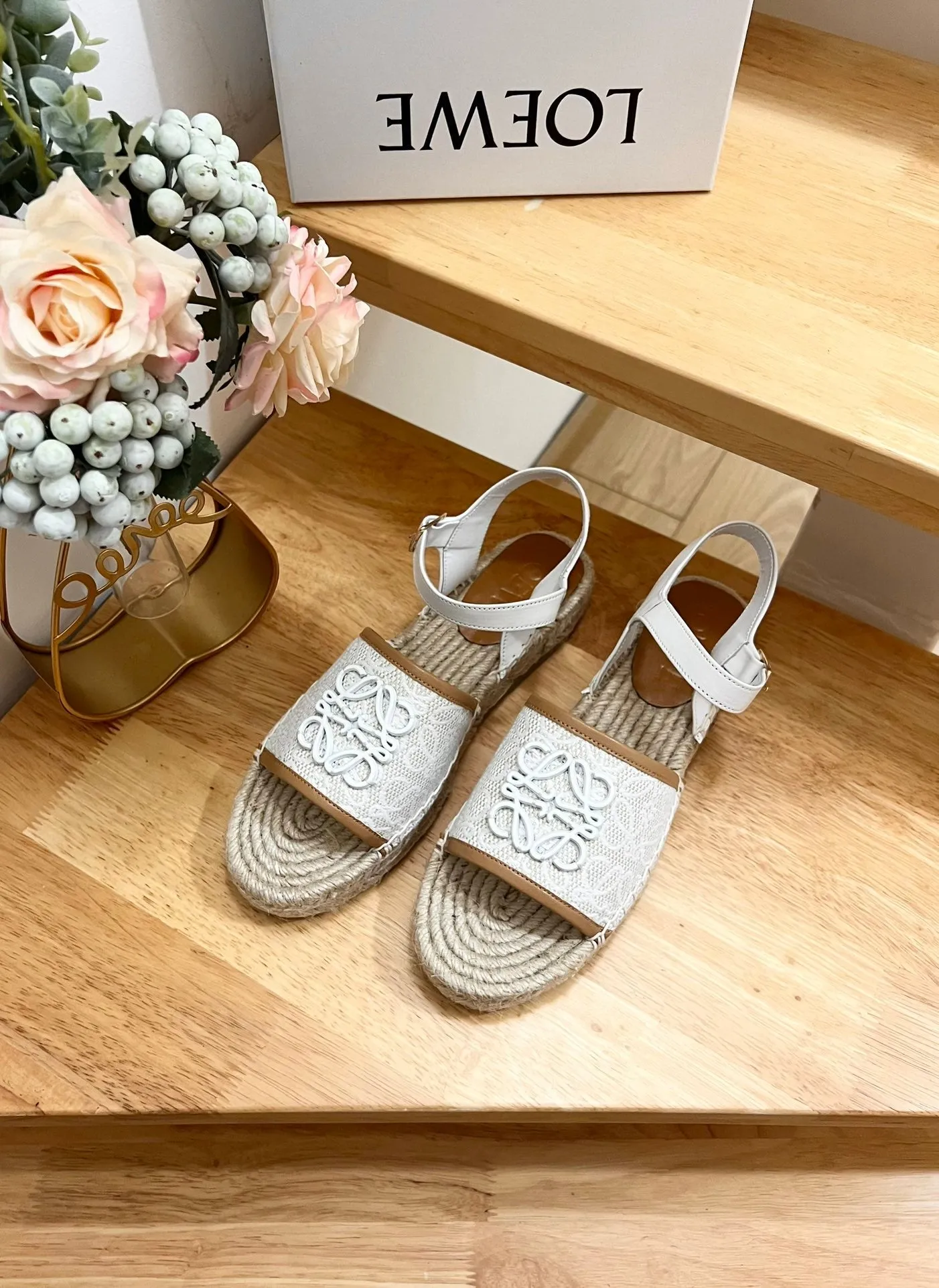 Loew Anagram White logo White Brown Leather And Canvas Espadrille Sandals