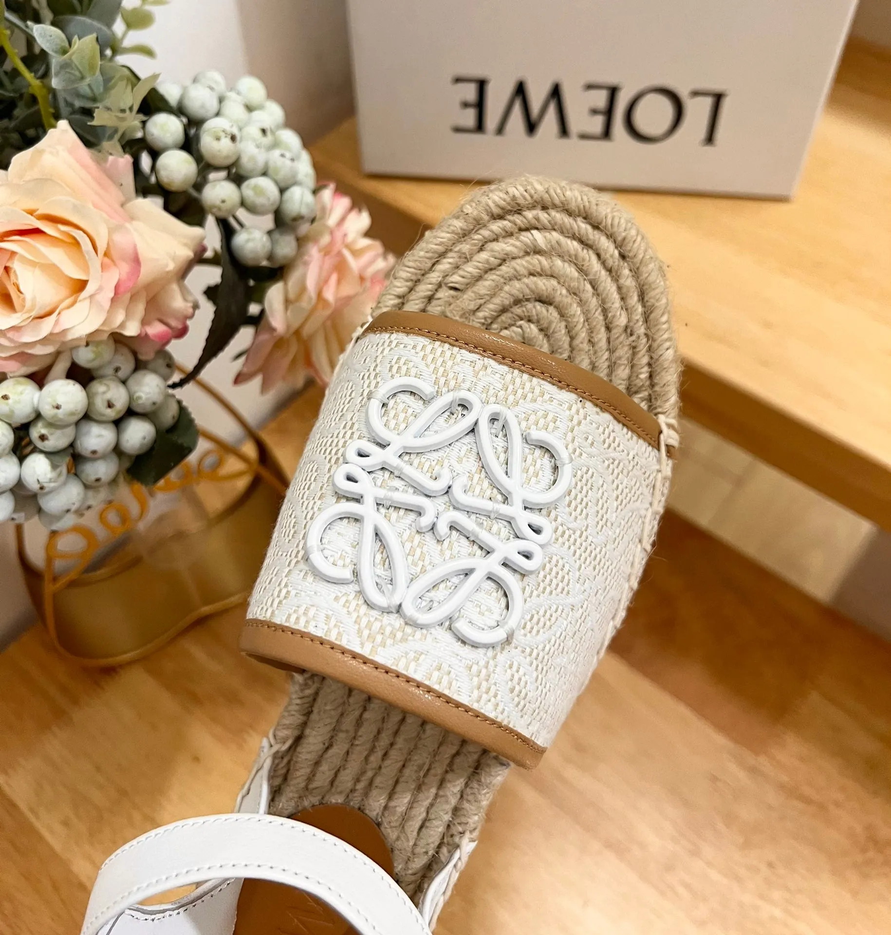 Loew Anagram White logo White Brown Leather And Canvas Espadrille Sandals