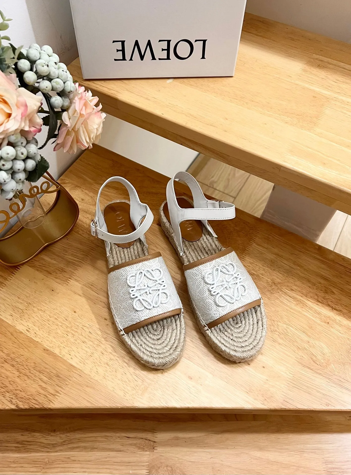 Loew Anagram White logo White Brown Leather And Canvas Espadrille Sandals