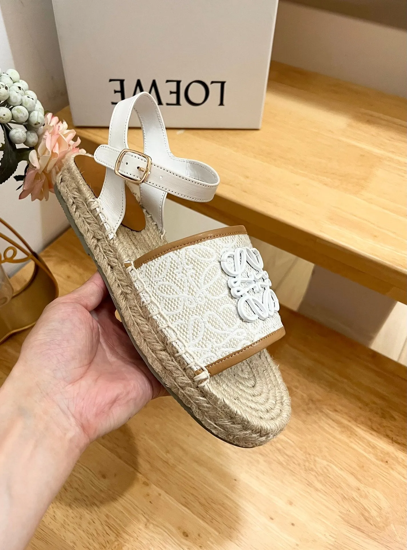 Loew Anagram White logo White Brown Leather And Canvas Espadrille Sandals