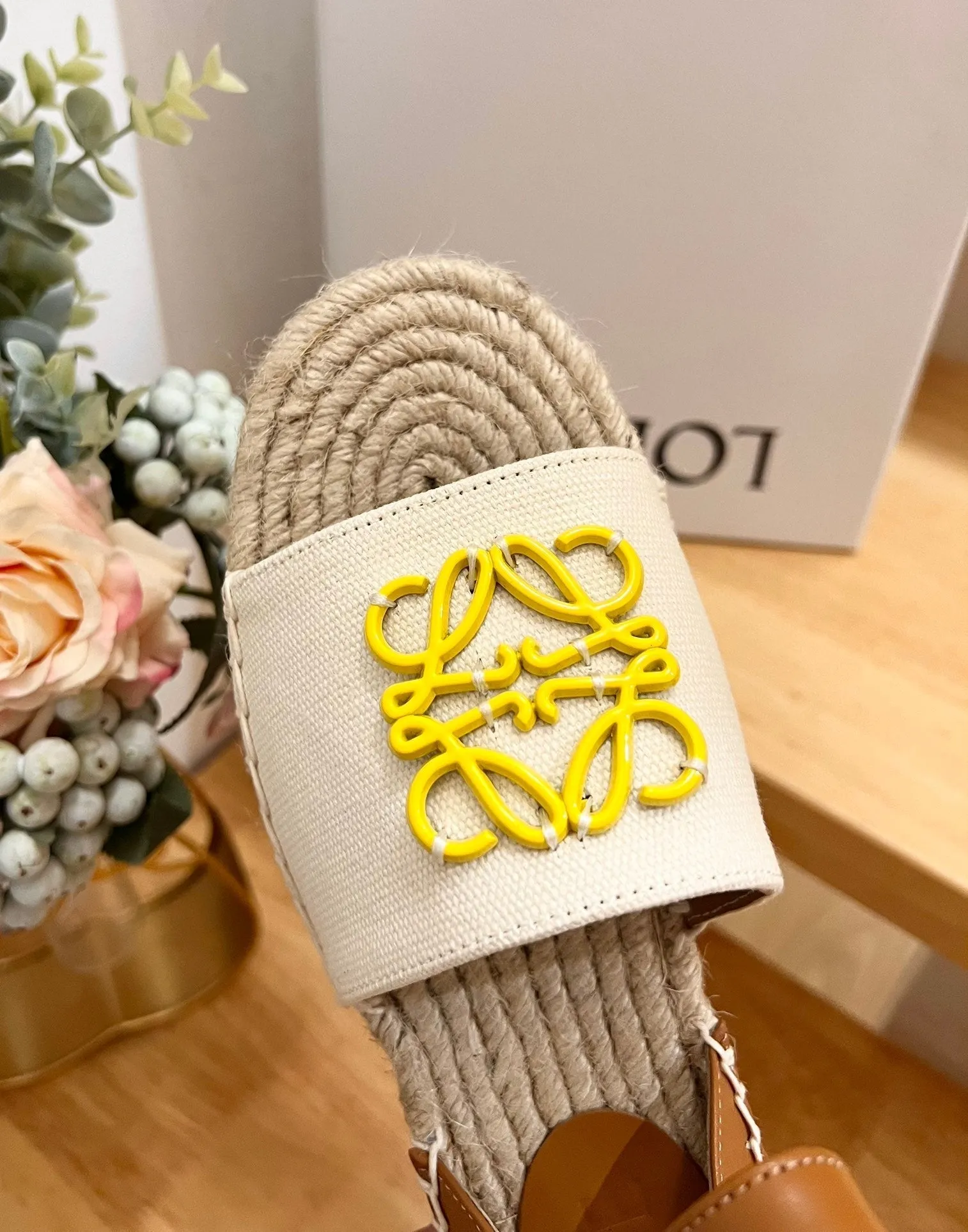 Loew Anagram Yellow logo White Brown Leather And Canvas Espadrille Sandals