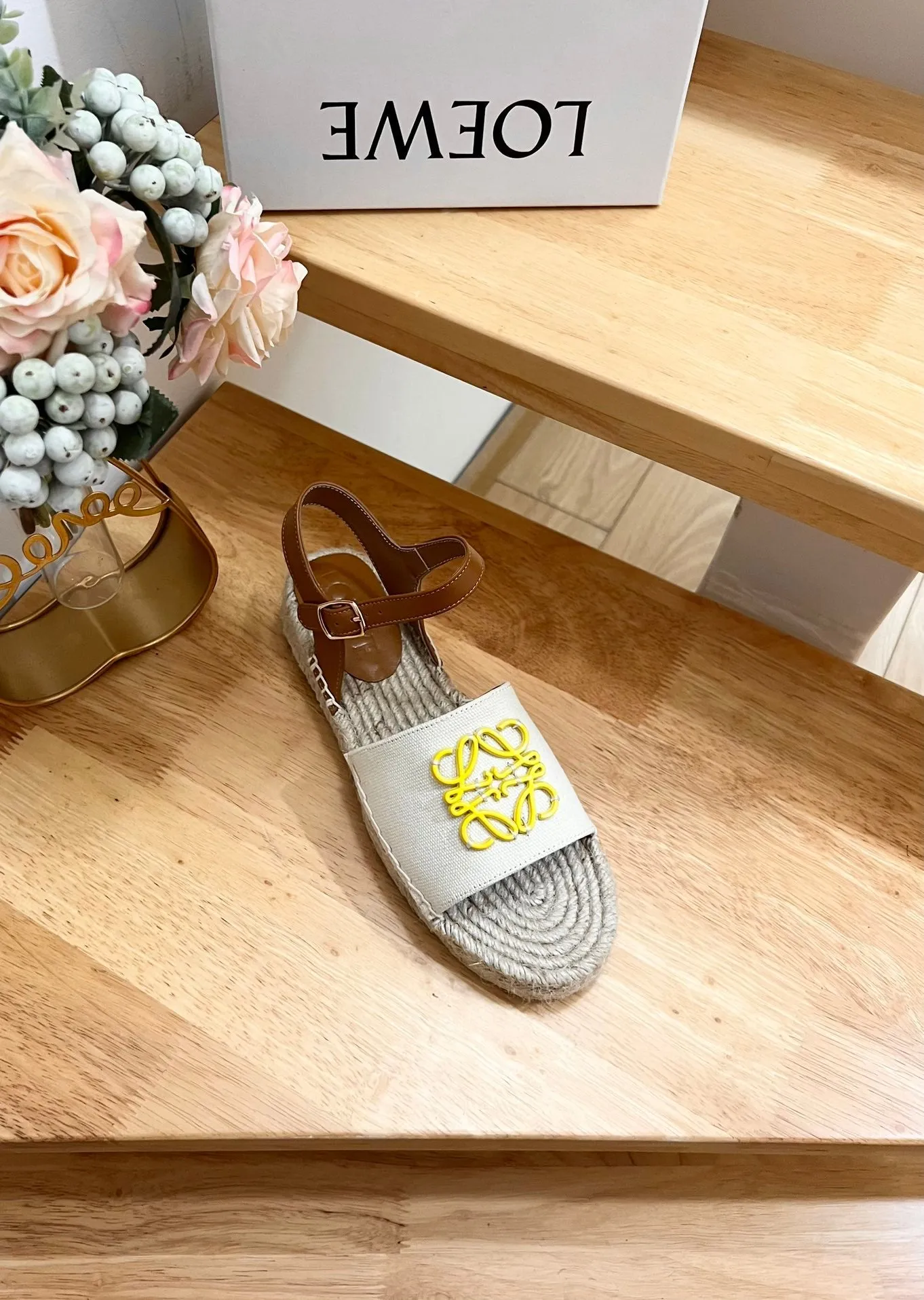 Loew Anagram Yellow logo White Brown Leather And Canvas Espadrille Sandals