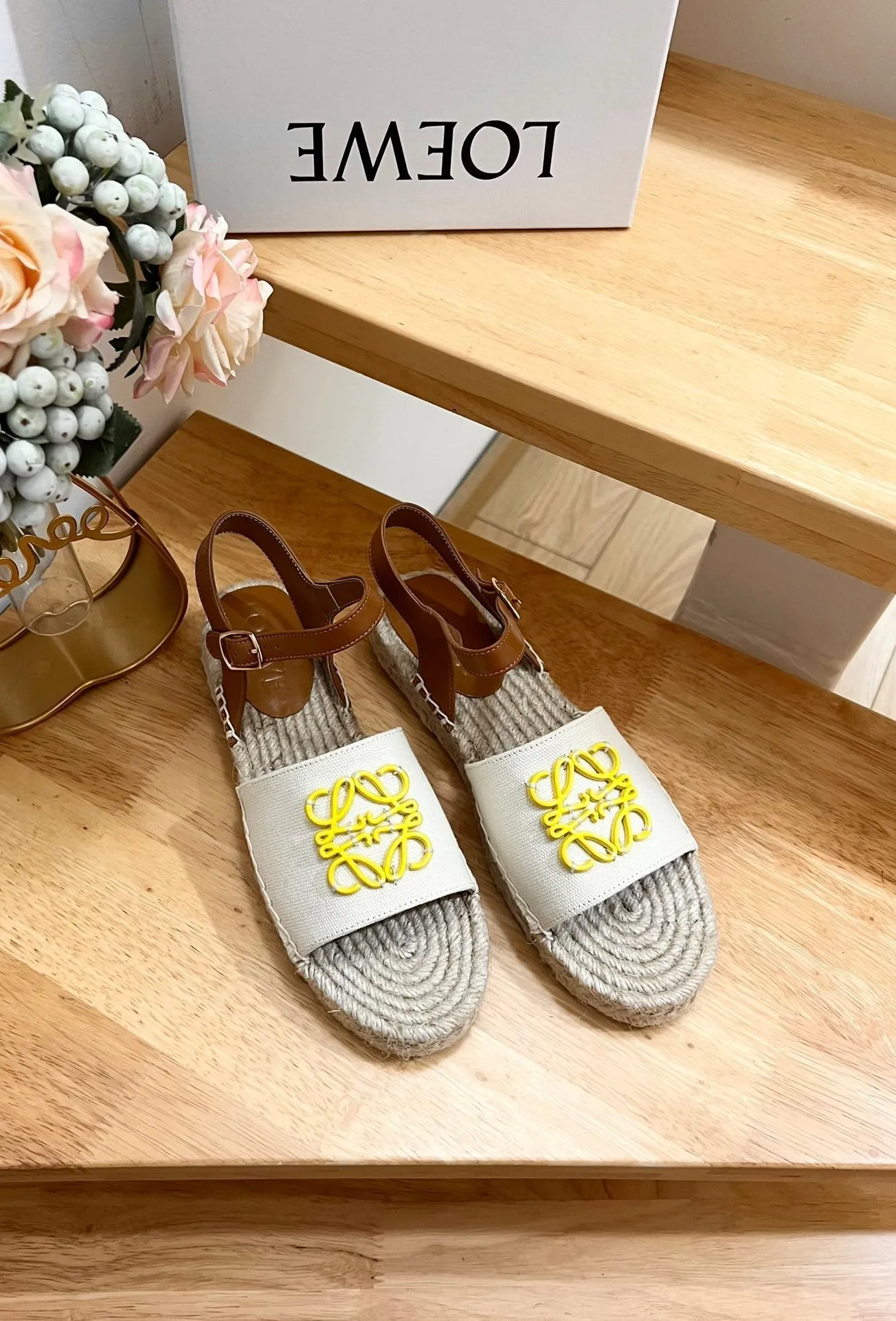 Loew Anagram Yellow logo White Brown Leather And Canvas Espadrille Sandals