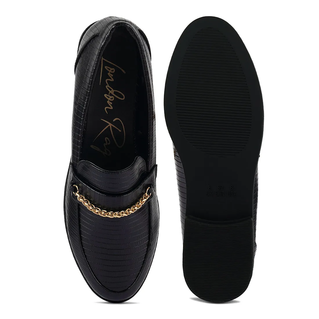 Low Block Loafers Adorned With Golden Chain