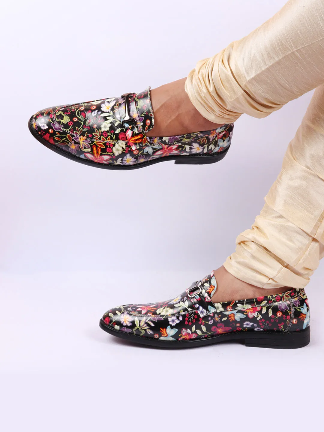 Men Black Floral Print Horsebit Buckle Weekend Wedding Evening Party Shoes Loafers