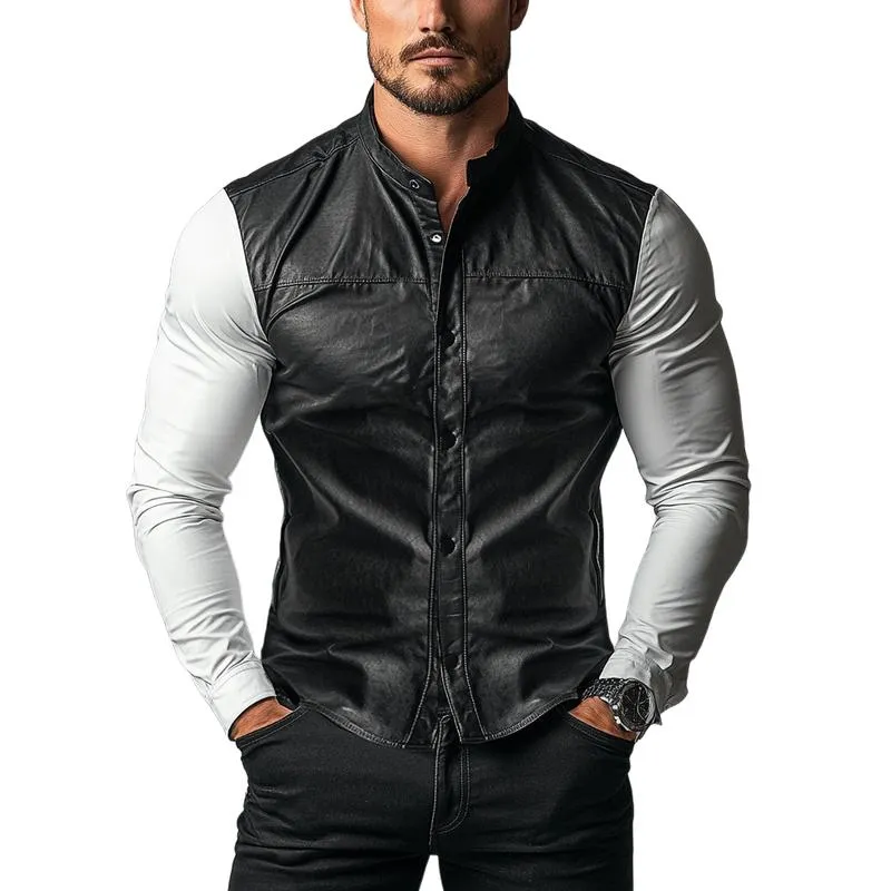 Men's Fashion Colorblock Stand Collar Single Breasted Leather Shirt 20114234Y