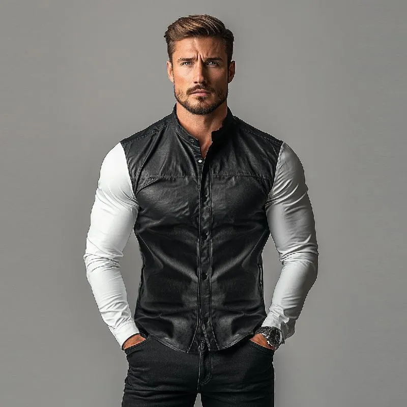 Men's Fashion Colorblock Stand Collar Single Breasted Leather Shirt 20114234Y