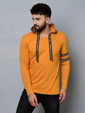 Men's Yellow Cotton Self Pattern Hooded Tees