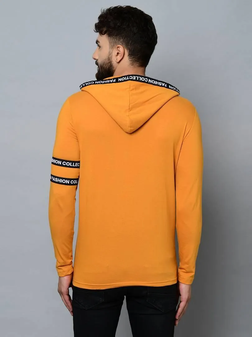 Men's Yellow Cotton Self Pattern Hooded Tees