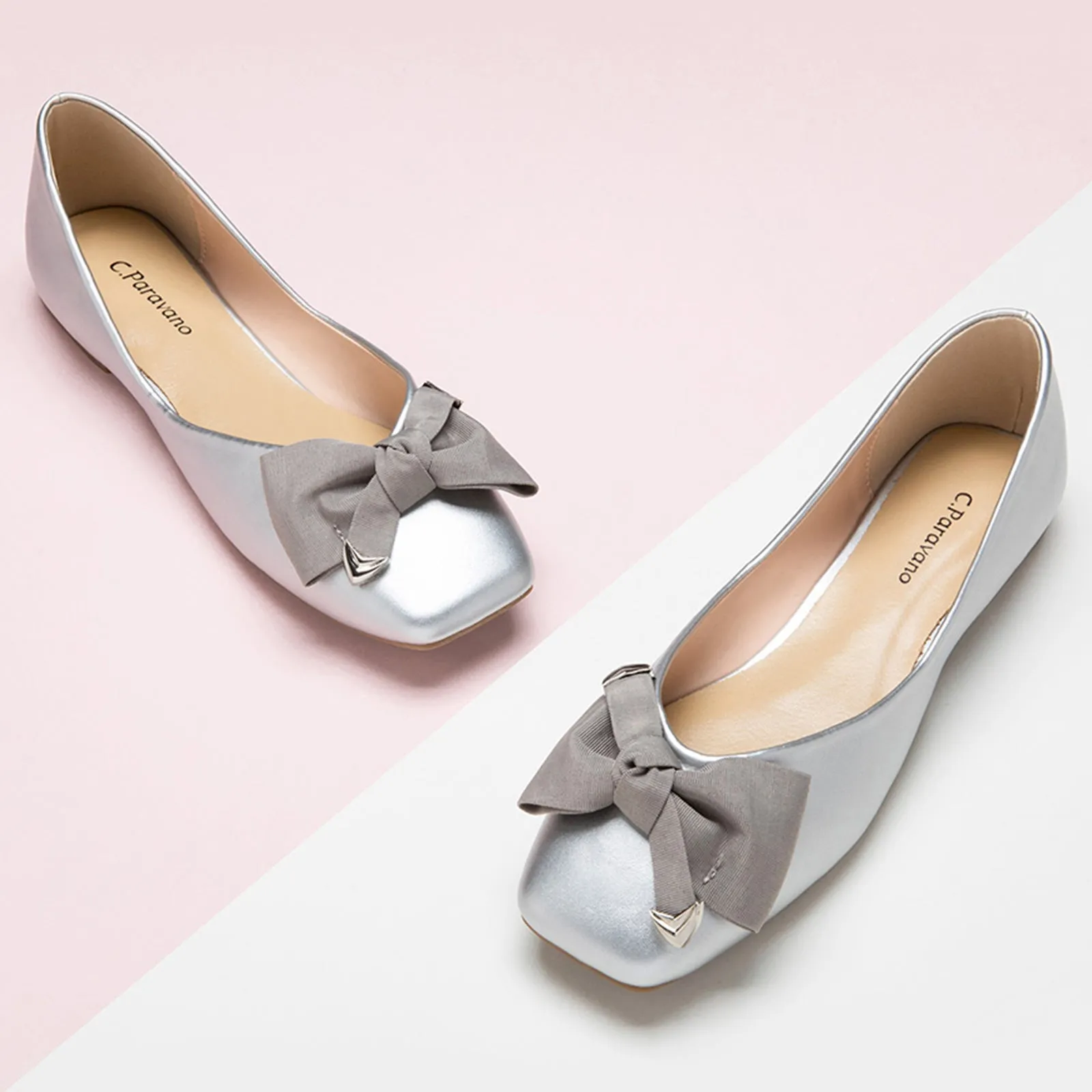 Metal Bow Ballerina Flats (Eva) Silver