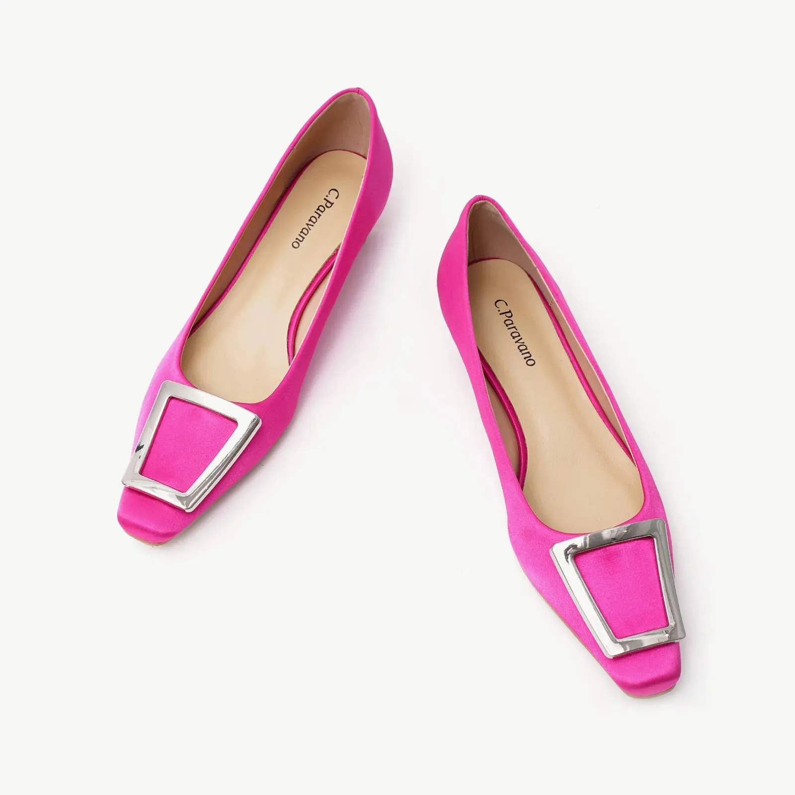 Metal Buckle Satin Low Heel (Lucia) Hot Pink