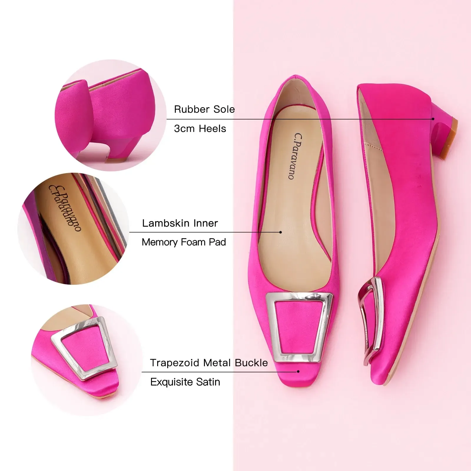 Metal Buckle Satin Low Heel (Lucia) Hot Pink