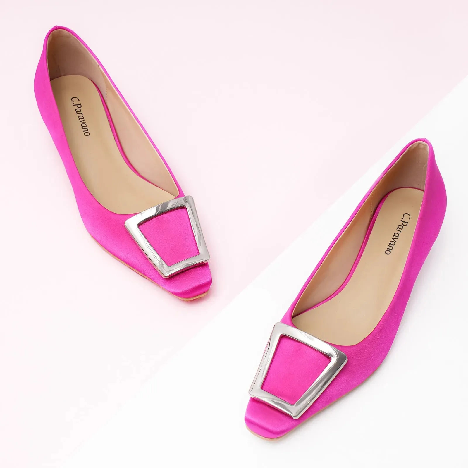 Metal Buckle Satin Low Heel (Lucia) Hot Pink